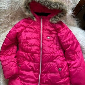 Girls pink Tommy Hilfiger coat
 Hooded Puffer Jacket with Faux Fur Trim